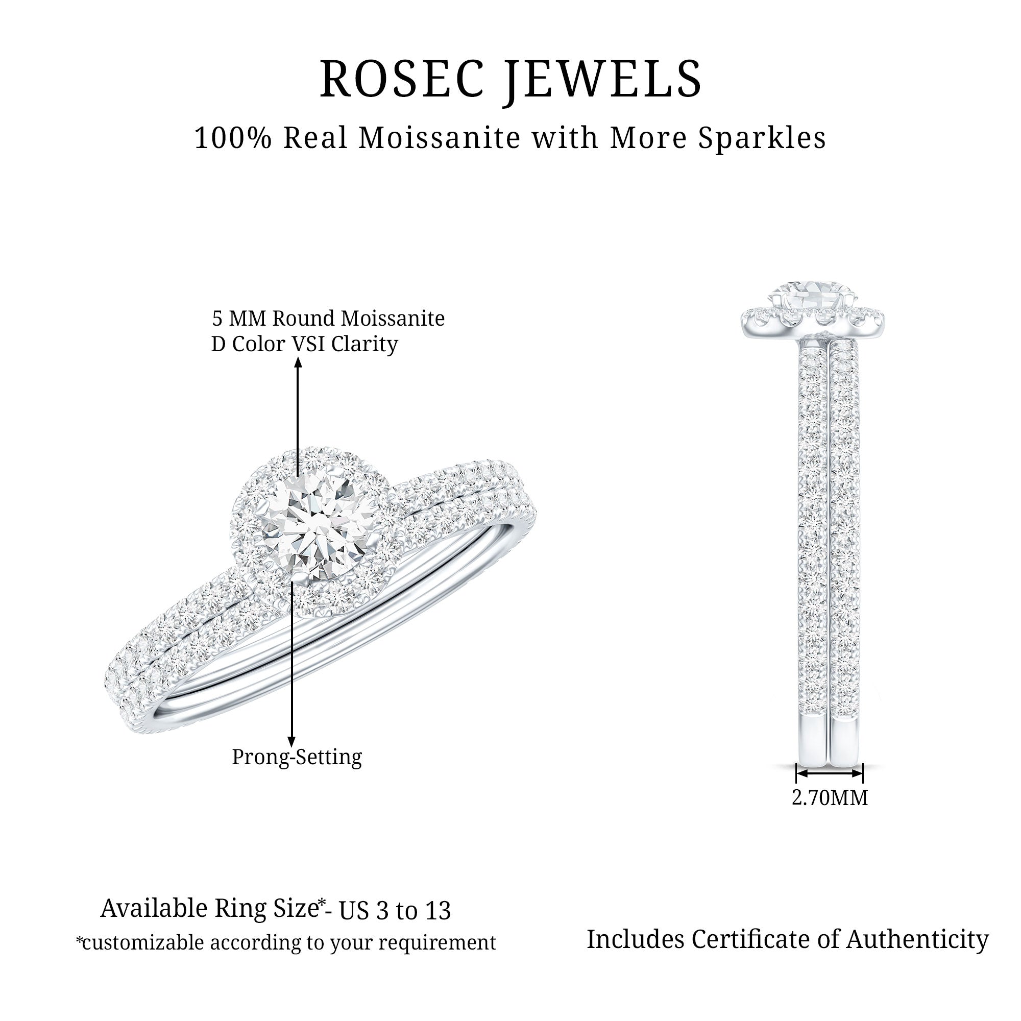 Certified Moissanite Halo Bridal Ring Set