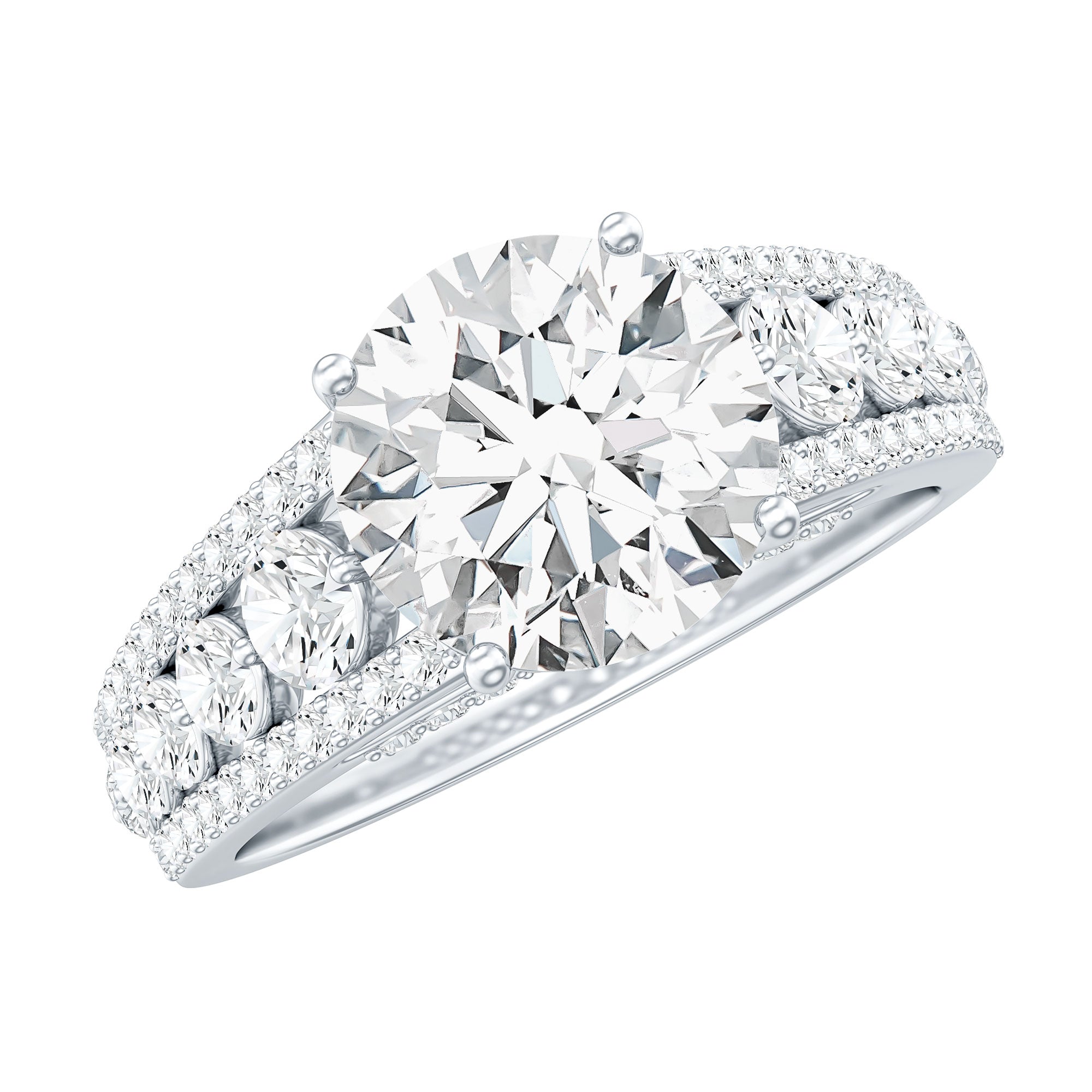 Round Brilliant Cut Moissanite Side Stone Engagement Ring