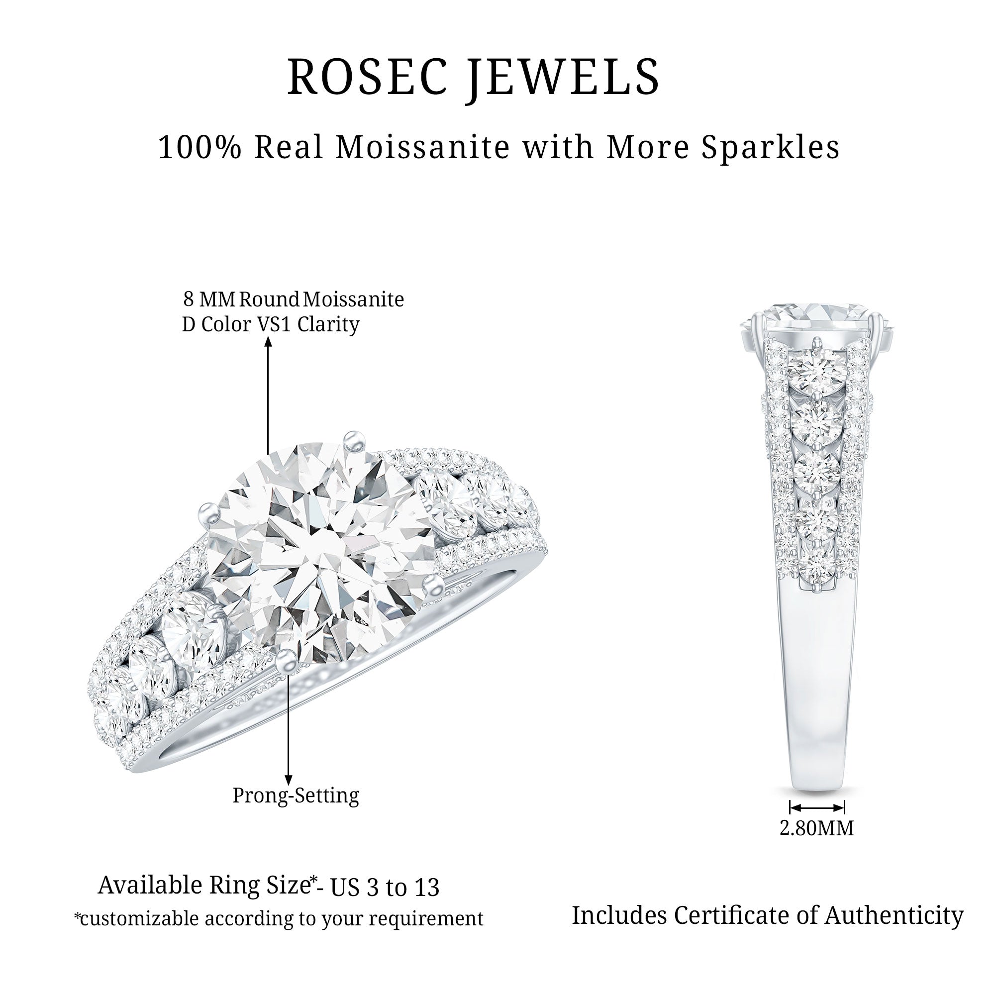 Round Brilliant Cut Moissanite Side Stone Engagement Ring