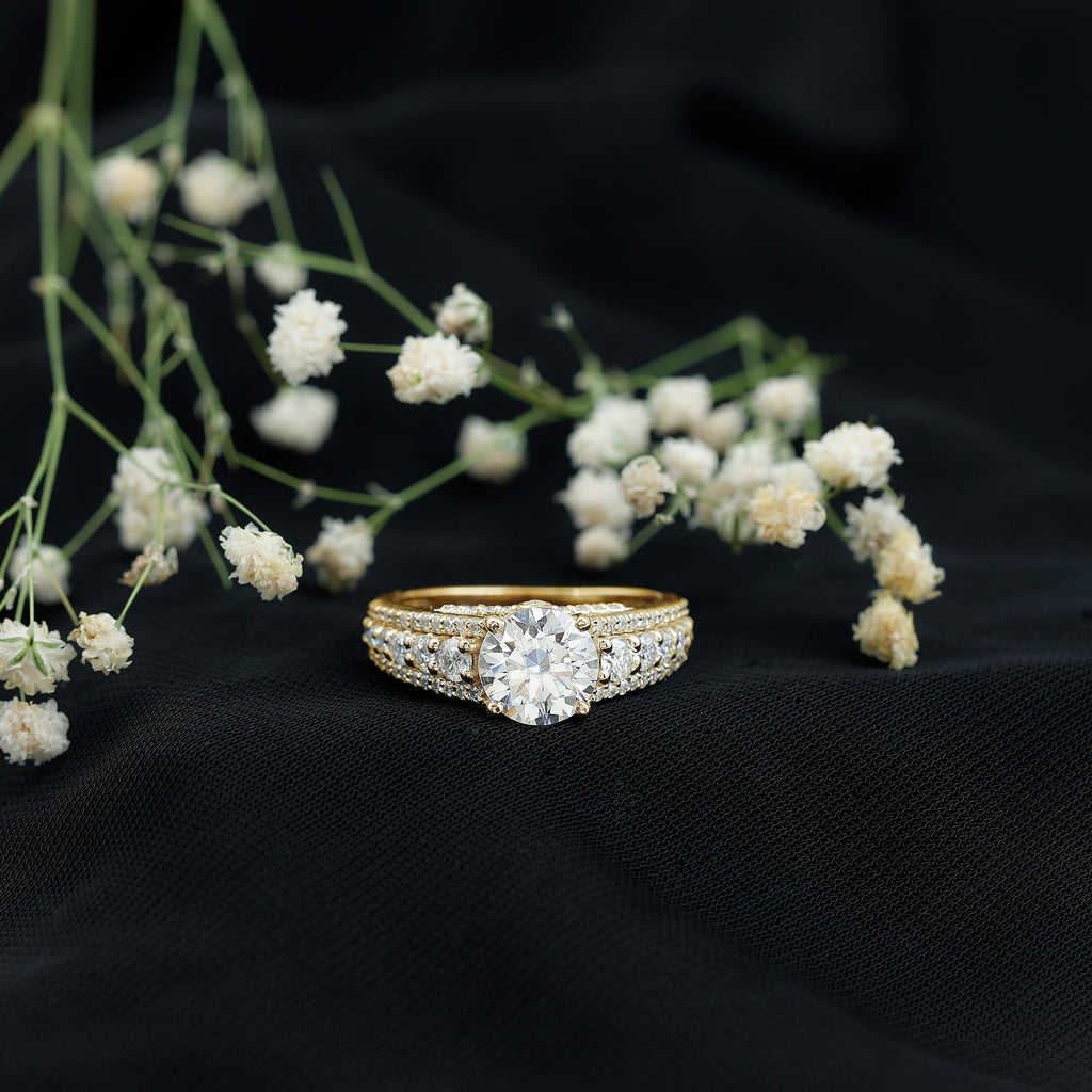 Round Brilliant Cut Moissanite Side Stone Engagement Ring