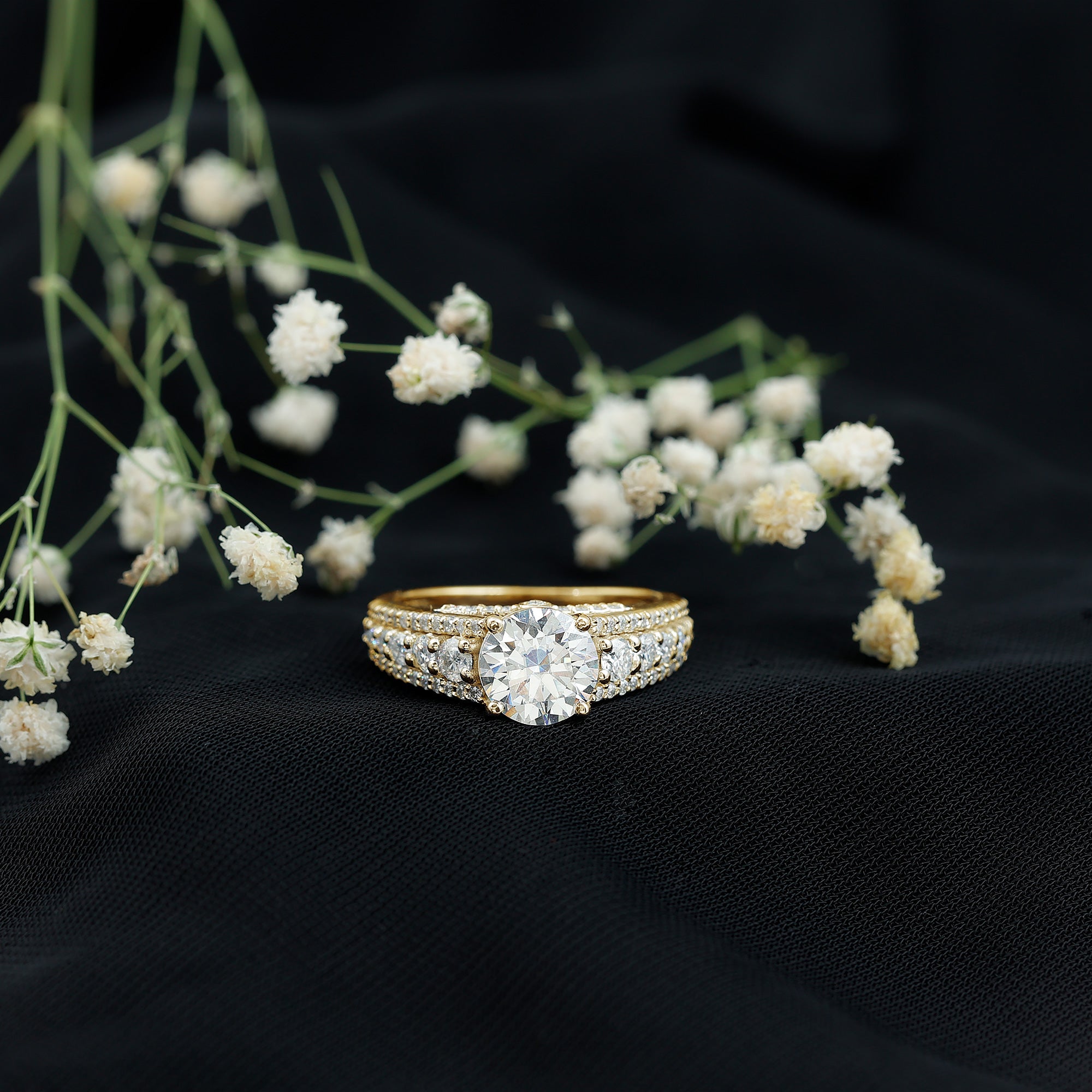 Round Brilliant Cut Moissanite Side Stone Engagement Ring
