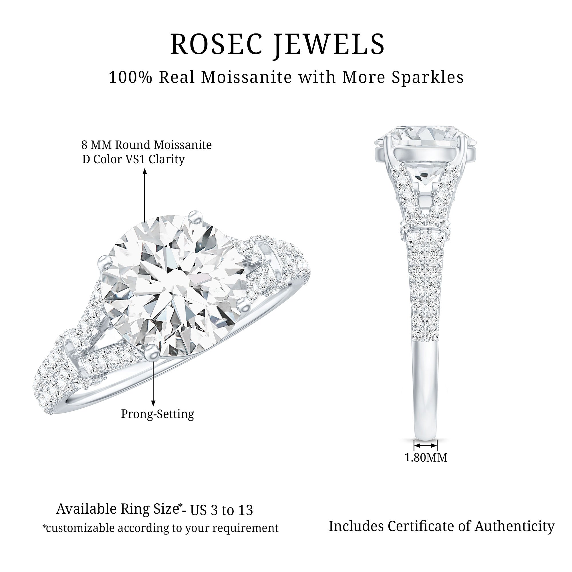 Round Shape Moissanite Solitaire Engagement Ring in Split Shank