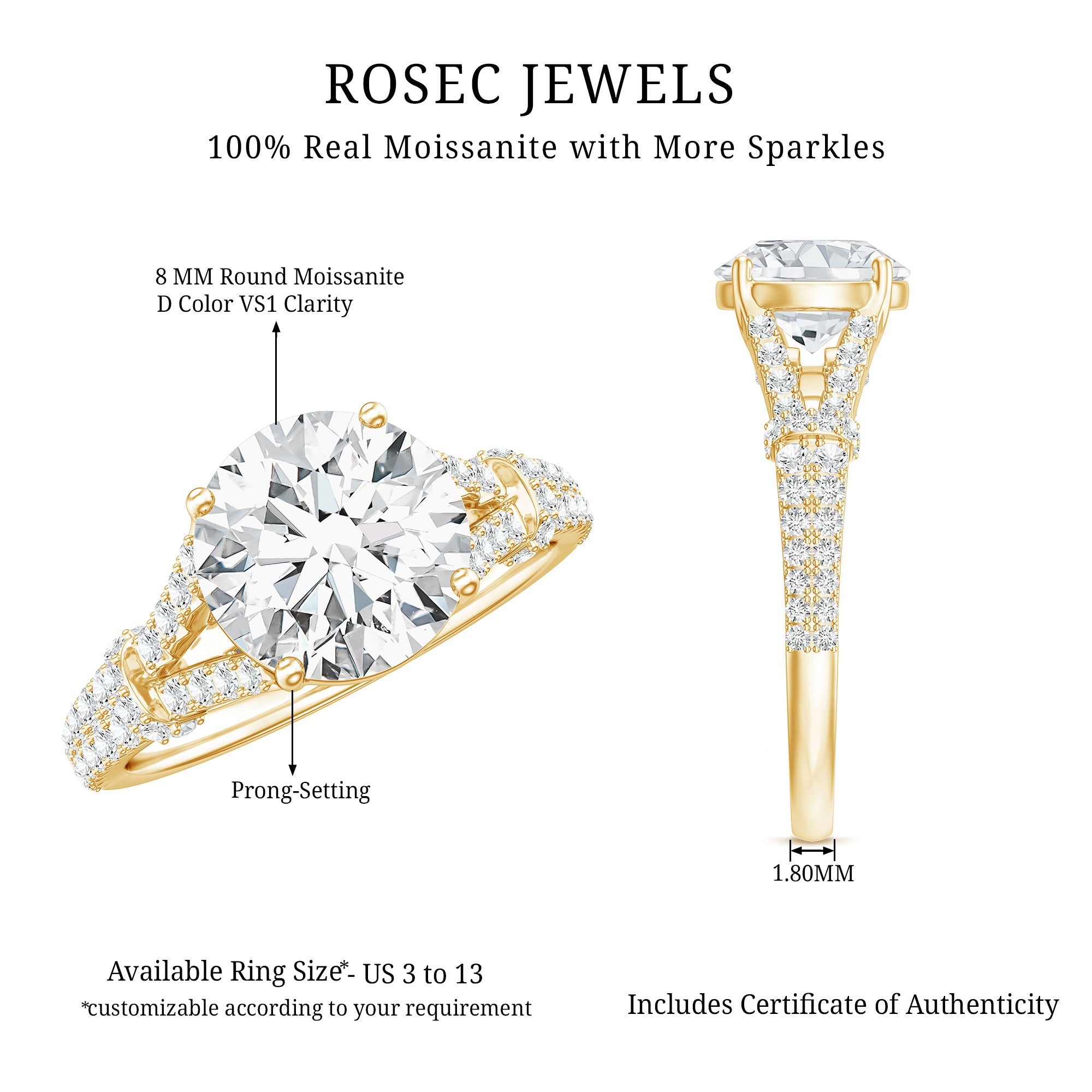 Round Shape Moissanite Solitaire Engagement Ring in Split Shank