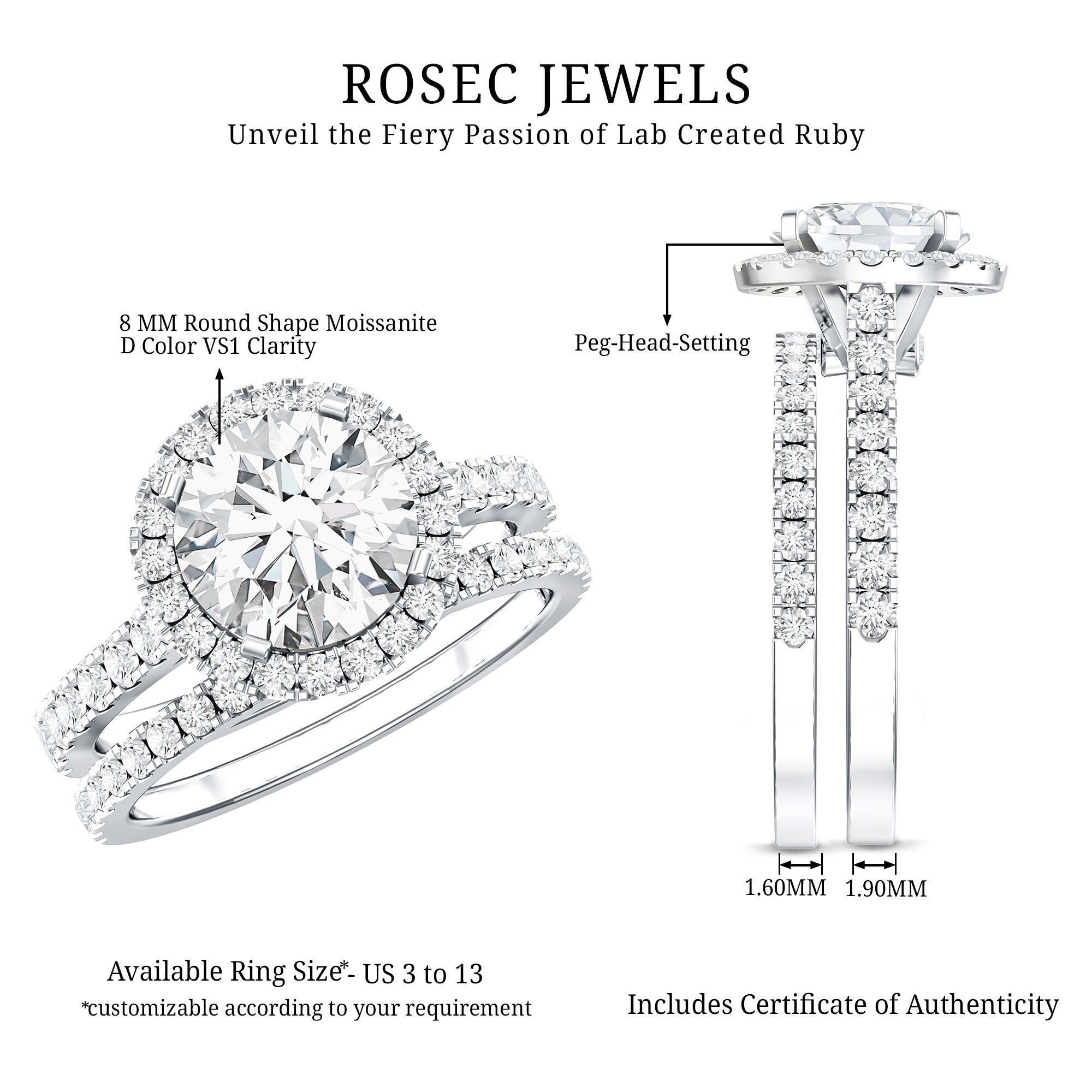 2 Carat Moissanite Classic Halo Wedding Ring Set