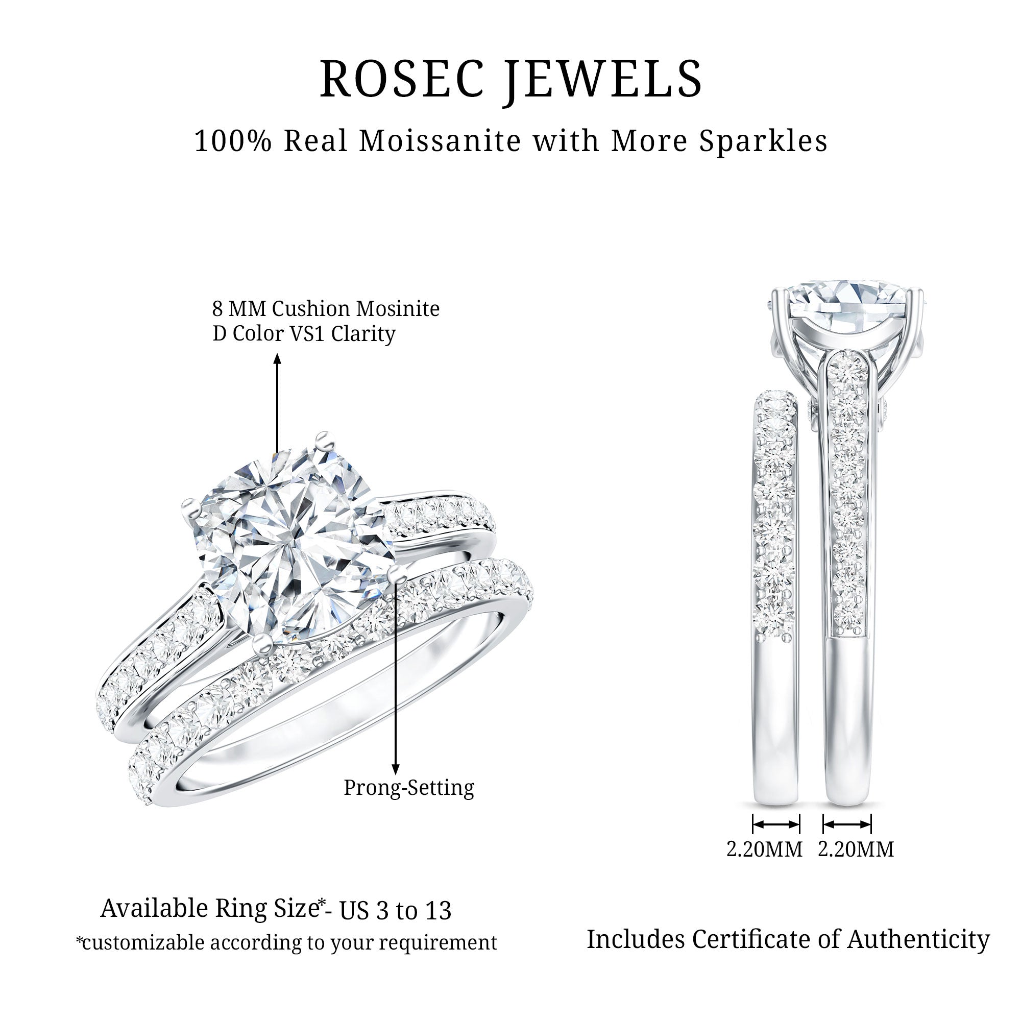 3 CT Cushion Cut Moissanite Solitaire Engagement Ring with Wedding Band