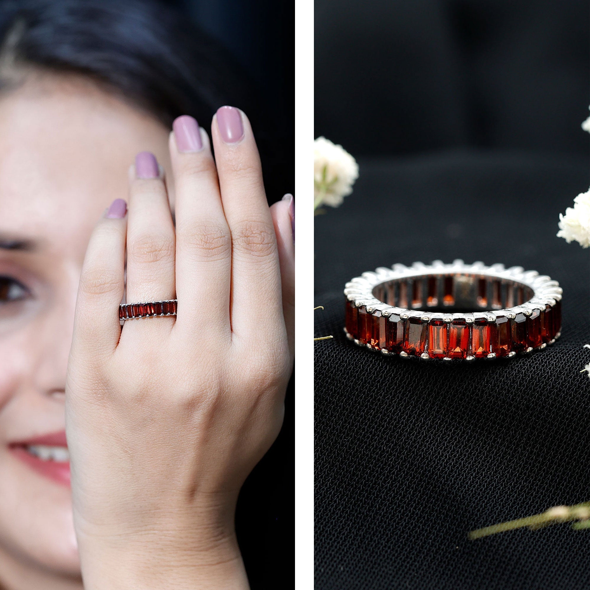 Certified Natural Baguette Garnet Eternity Band Ring