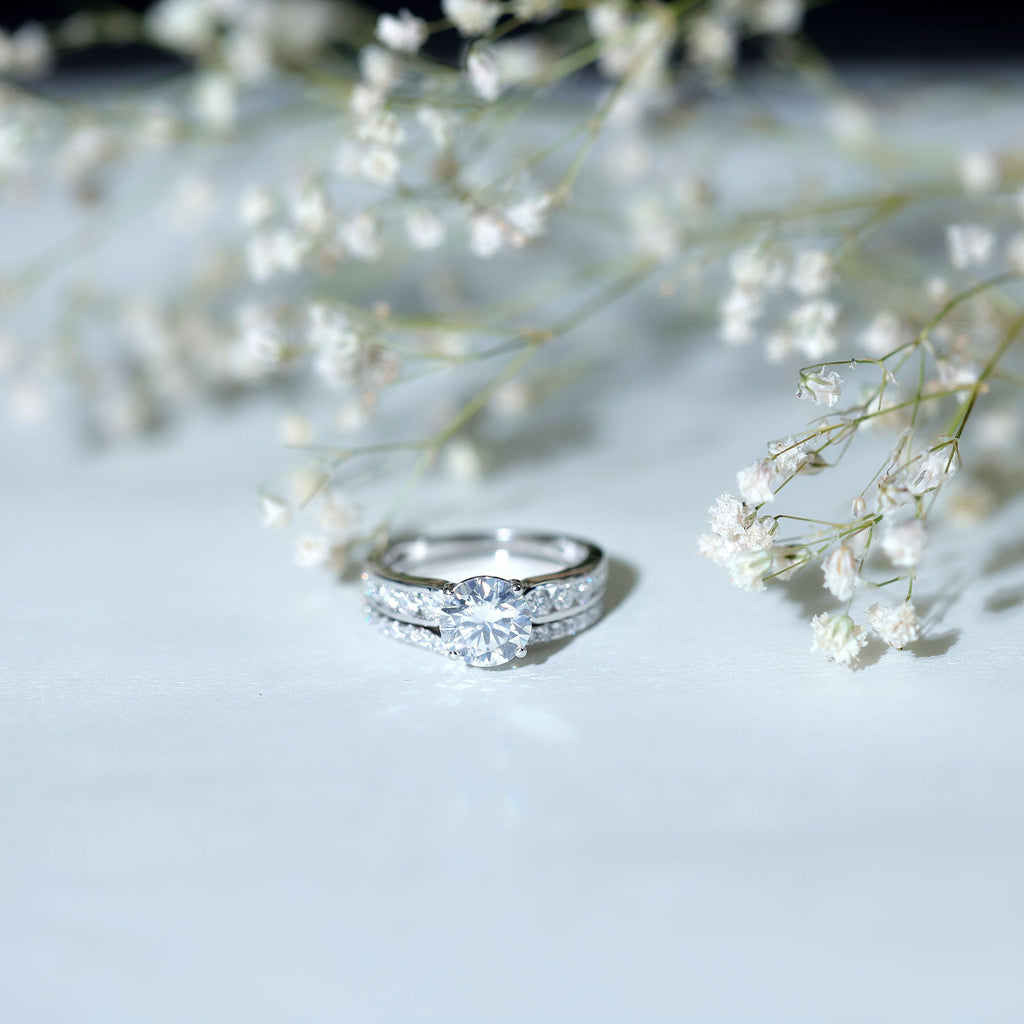 Certified 2 Carat Round Moissanite Engagement Ring with Wedding Band