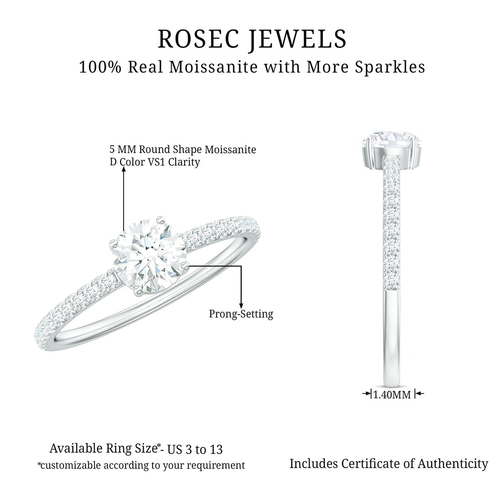 Round Shape Moissanite Solitaire Promise Ring with Side Stones
