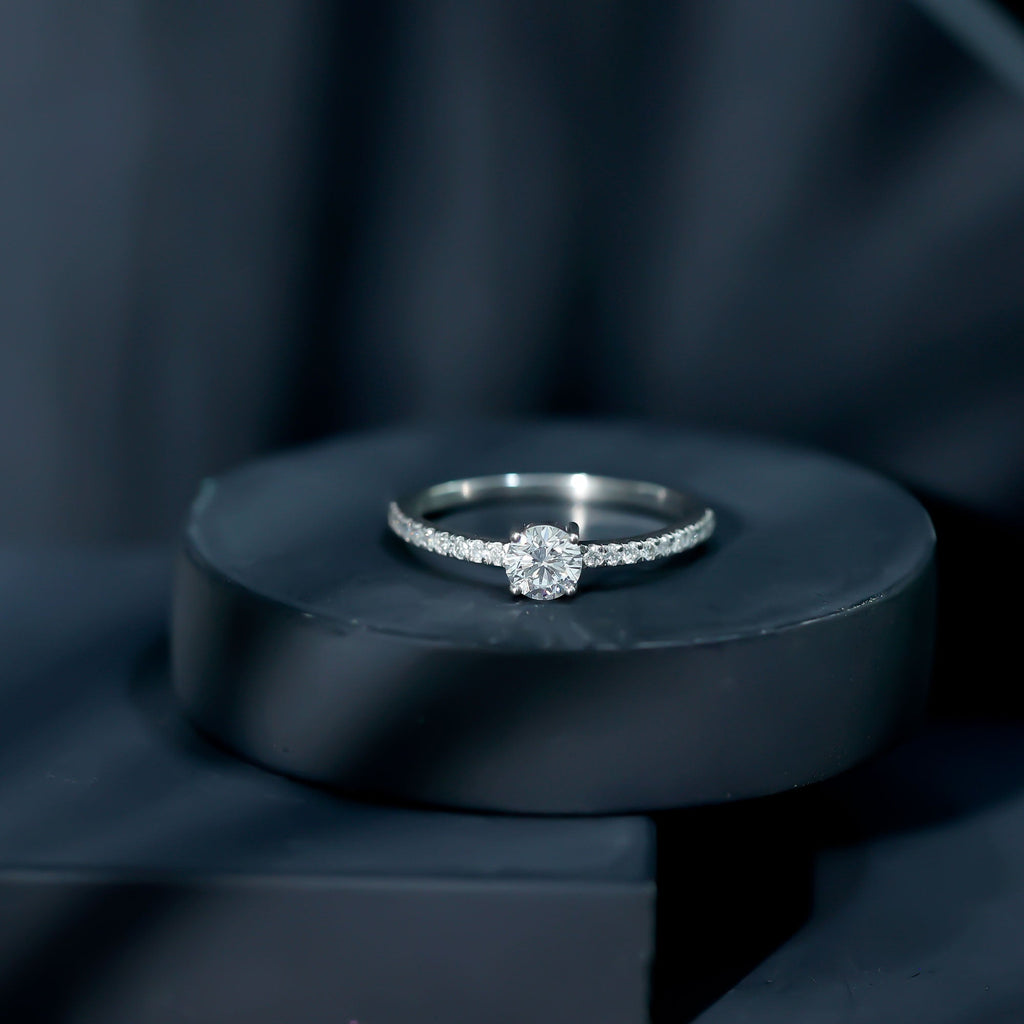 Round Shape Moissanite Solitaire Promise Ring with Side Stones
