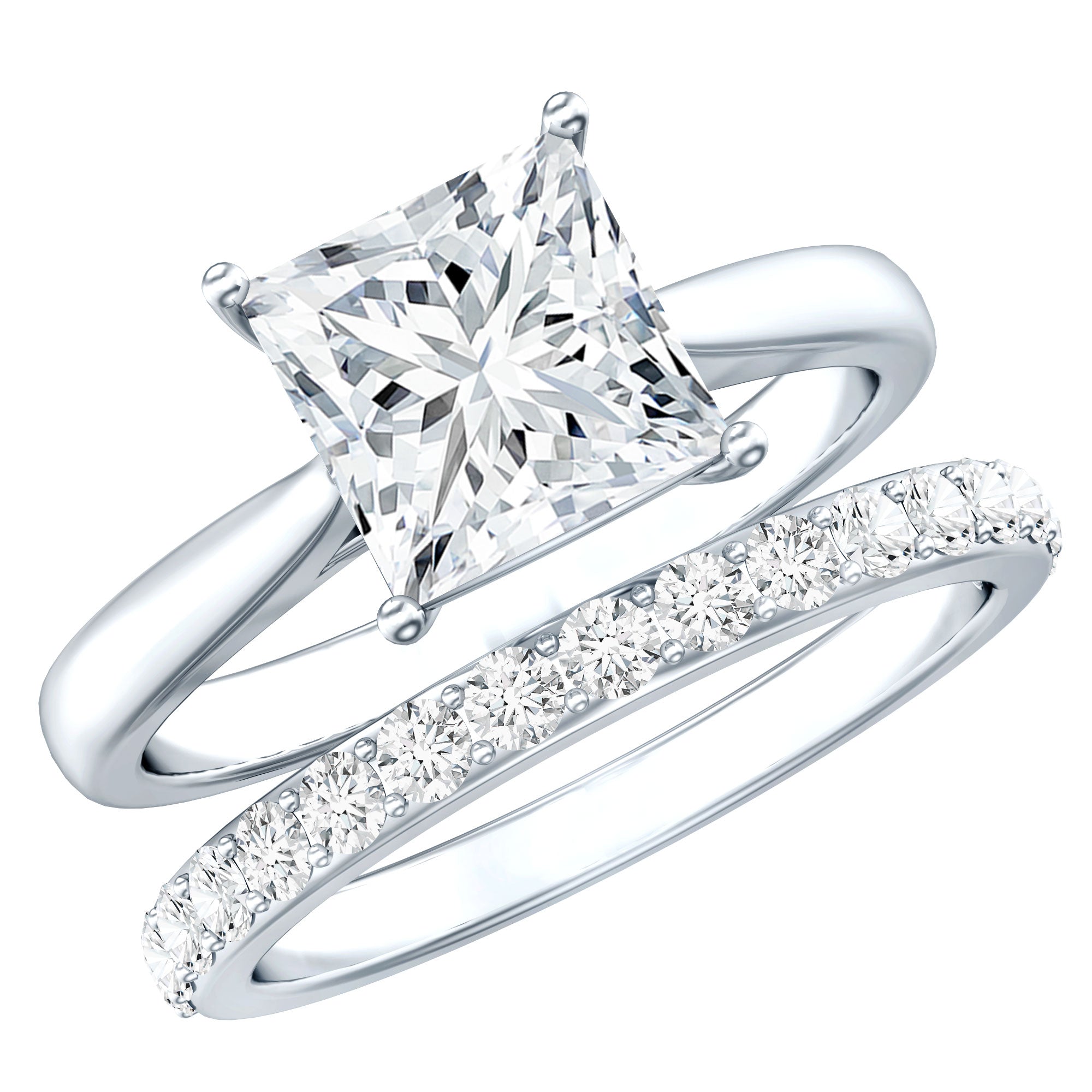Certified 3 Carat Princess Cut Moissanite Engagement Ring with Wedding Band