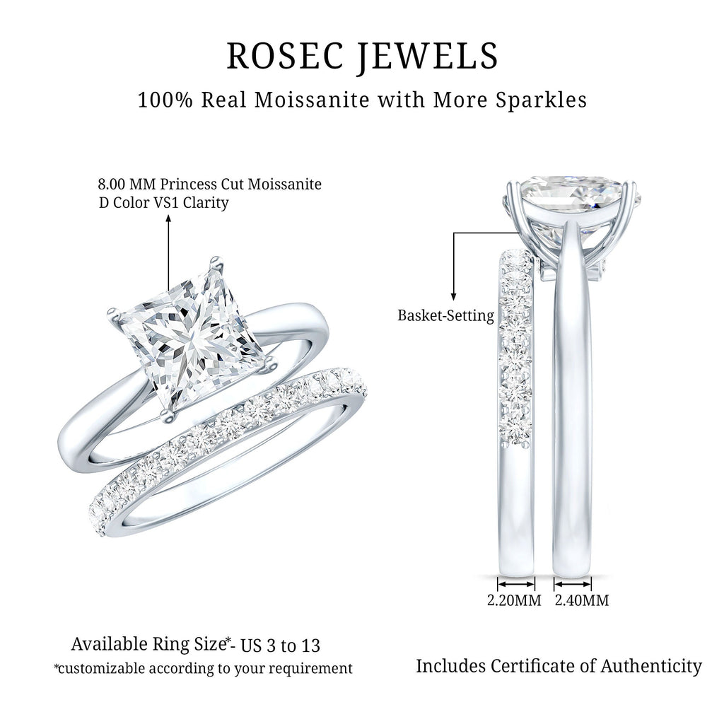 Certified 3 Carat Princess Cut Moissanite Engagement Ring with Wedding Band