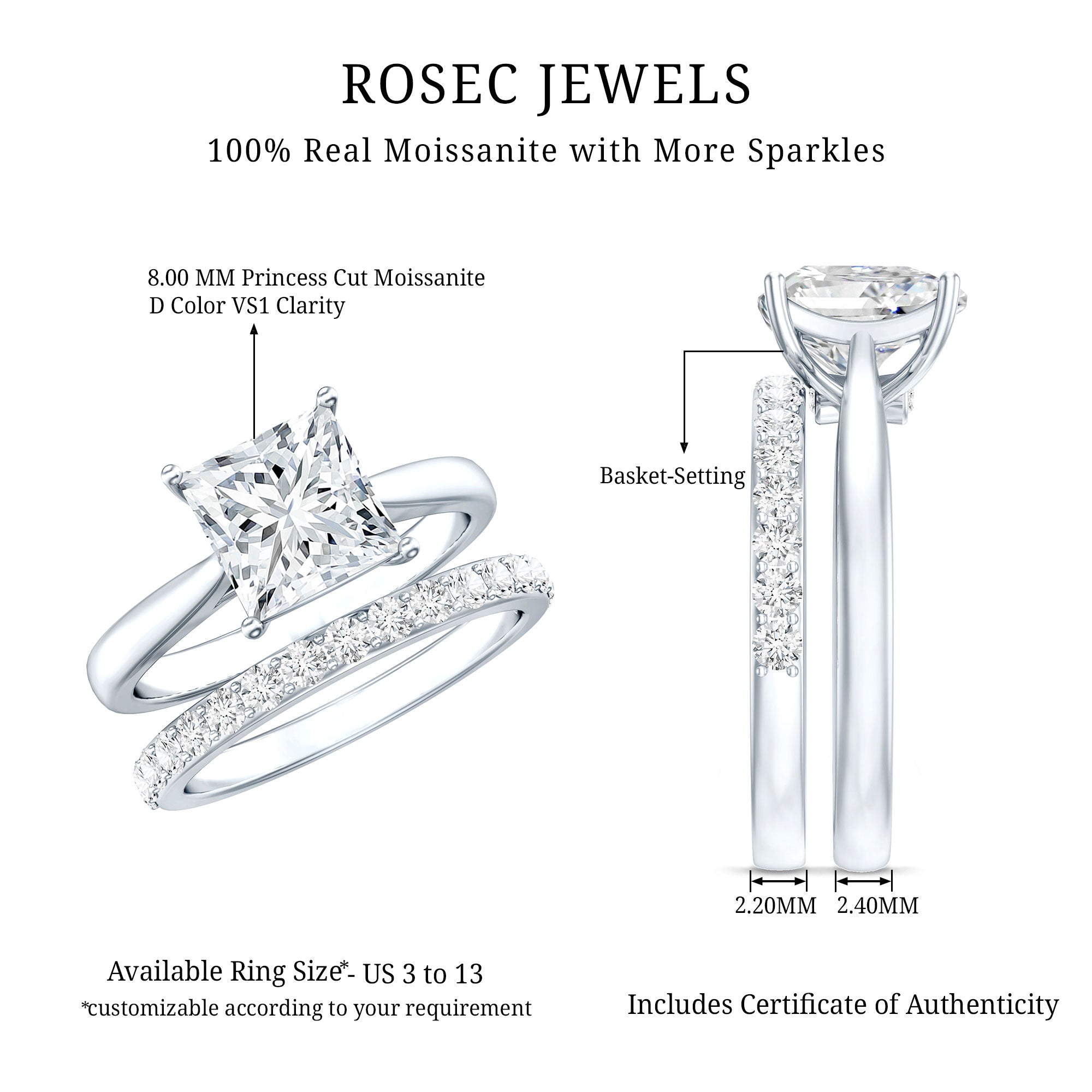 Certified 3 Carat Princess Cut Moissanite Engagement Ring with Wedding Band
