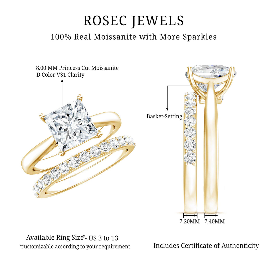 Certified 3 Carat Princess Cut Moissanite Engagement Ring with Wedding Band