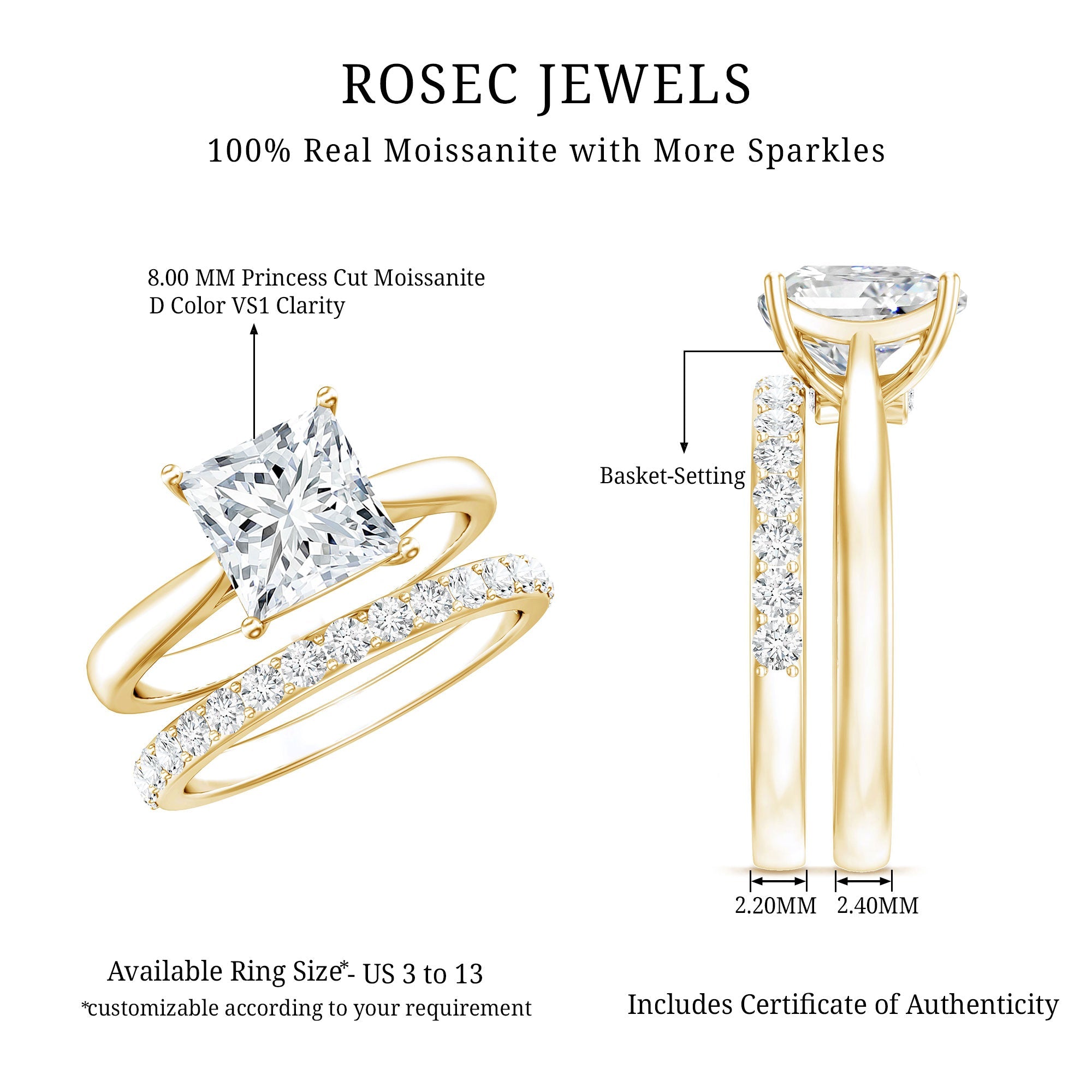 Certified 3 Carat Princess Cut Moissanite Engagement Ring with Wedding Band