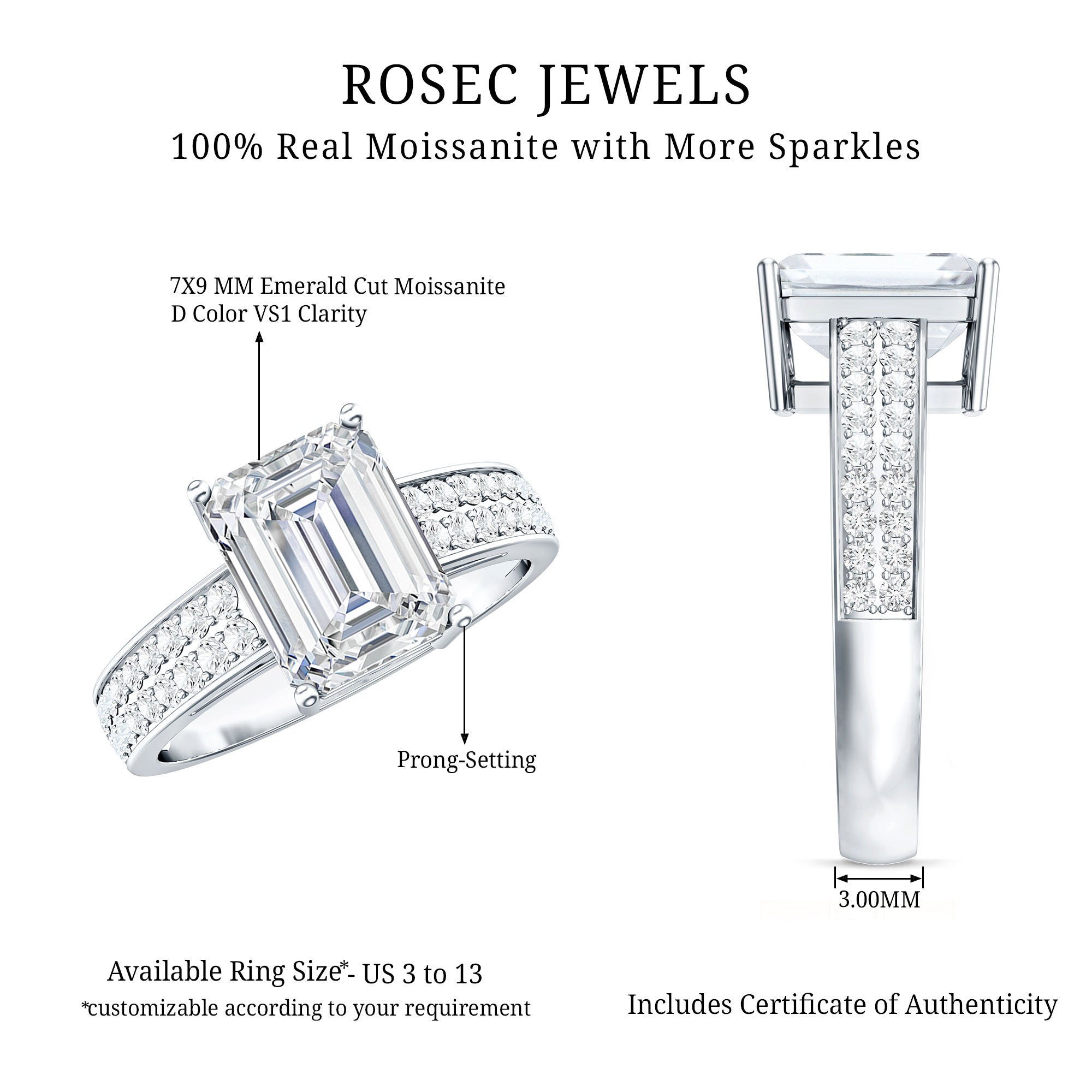 Emerald Cut Moissanite Big Engagement Ring