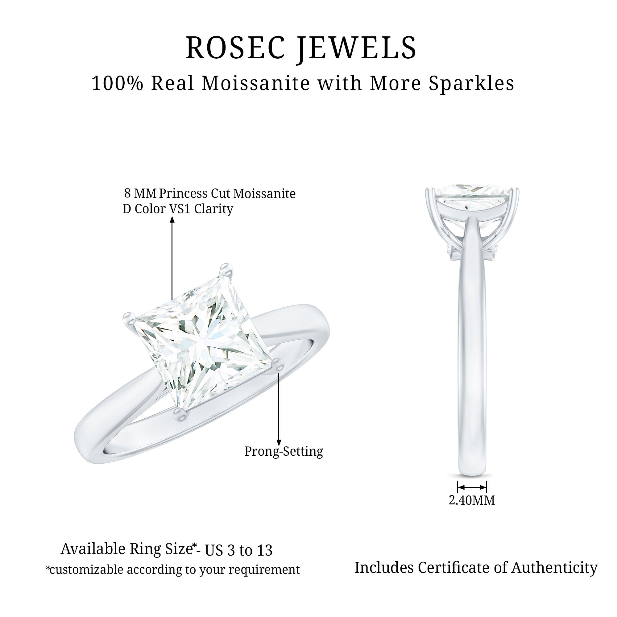 Princess Cut 3 Carat Moissanite Solitaire Engagement Ring
