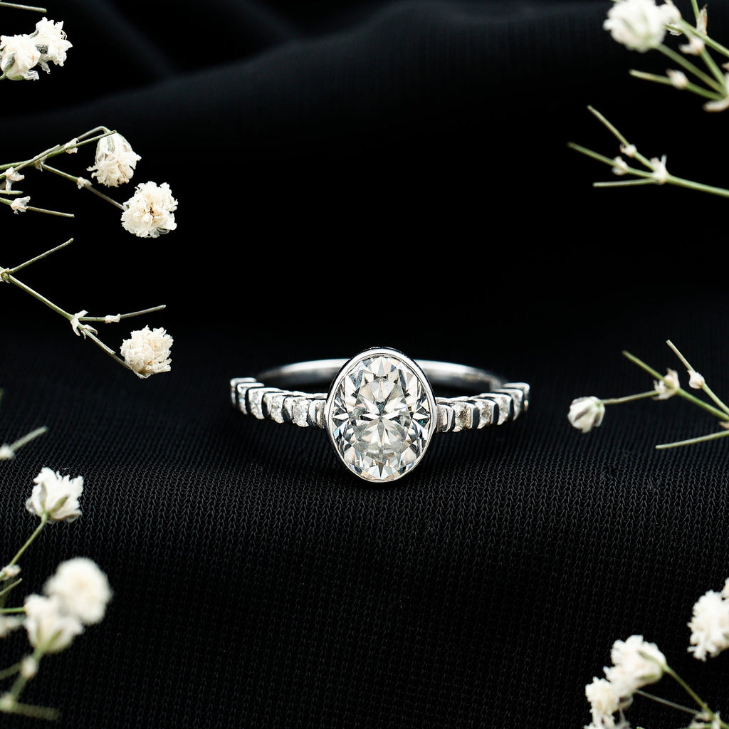 Bezel Set Moissanite Oval Engagement Ring with Side Stones