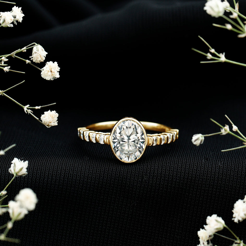 Bezel Set Moissanite Oval Engagement Ring with Side Stones