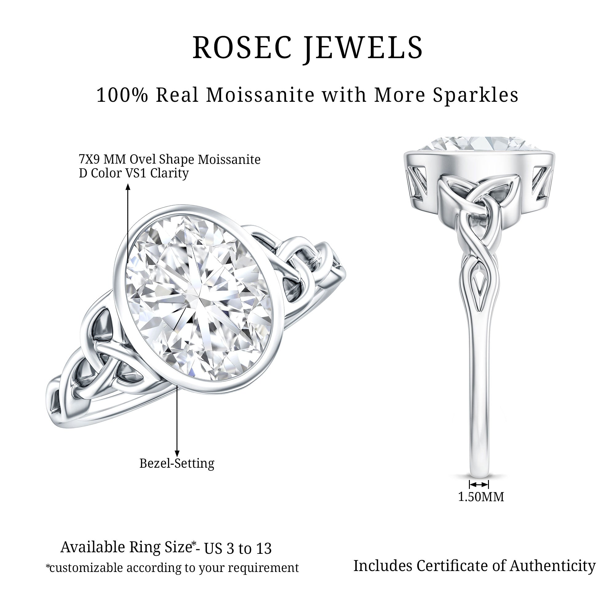Solitaire Moissanite Celtic Engagement Ring in Bezel Setting