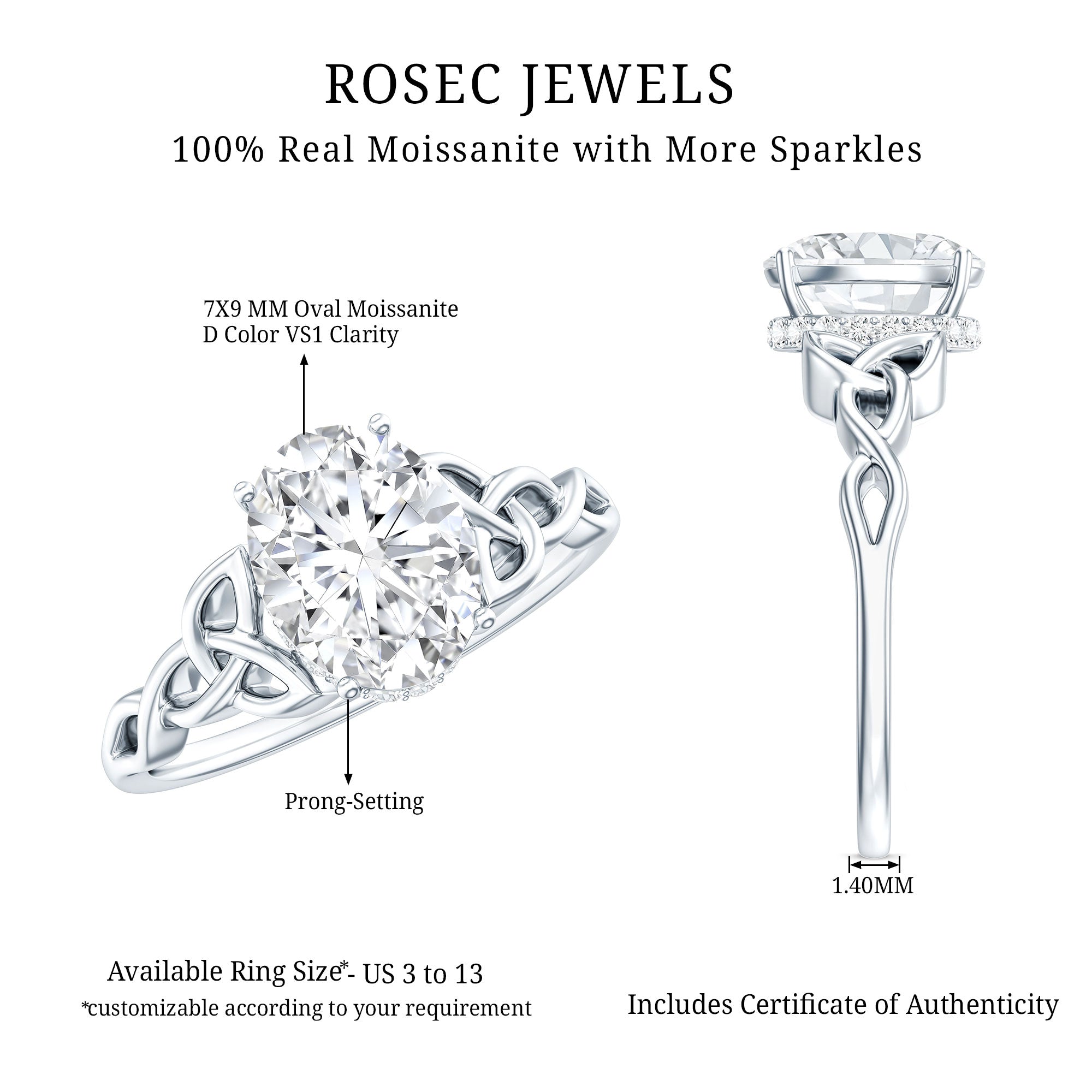 Certified 2 Carat Oval Moissanite Hidden Halo Engagement Ring