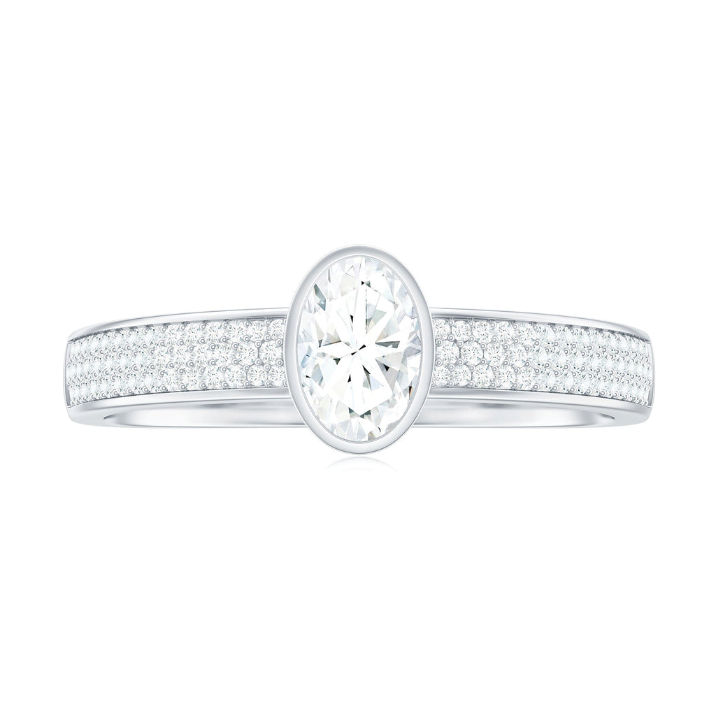 Oval Cut Moissanite Side Stone Engagement Ring in Bezel Setting