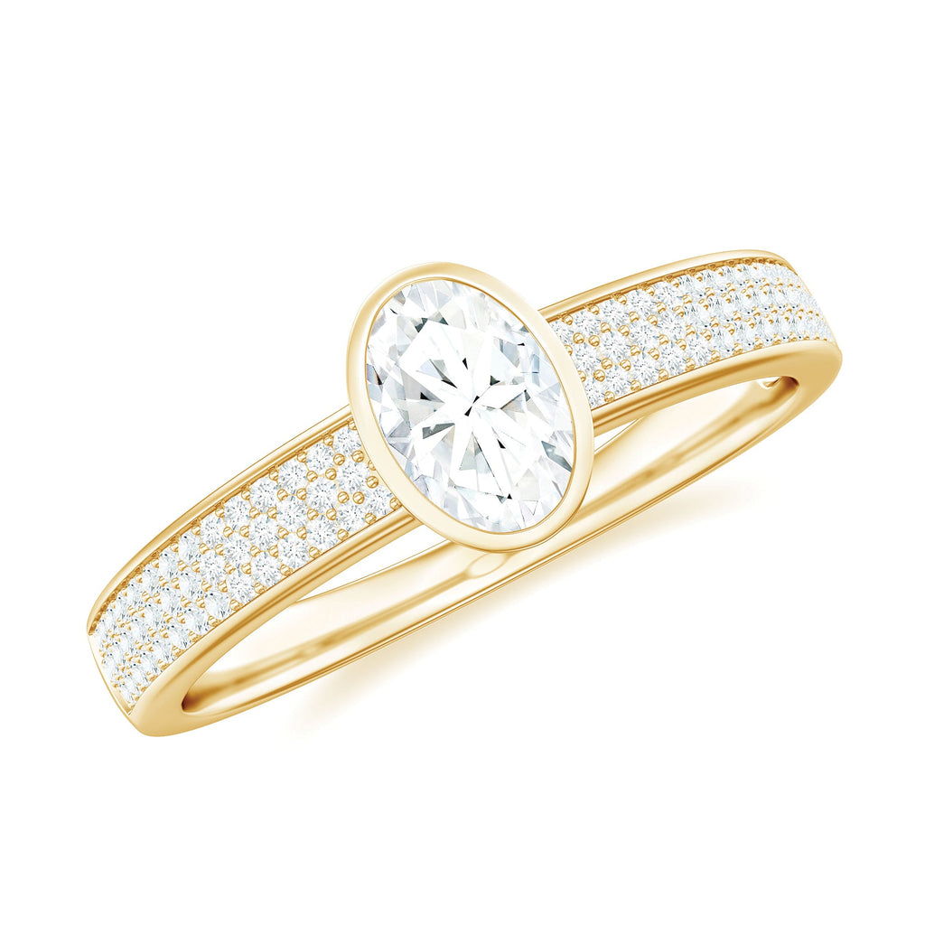 Oval Cut Moissanite Side Stone Engagement Ring in Bezel Setting