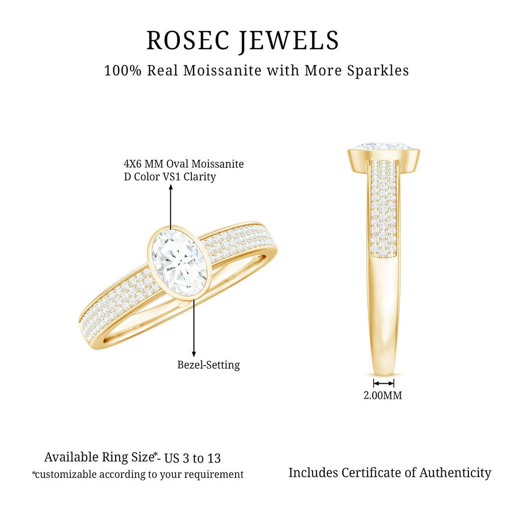 Oval Cut Moissanite Side Stone Engagement Ring in Bezel Setting