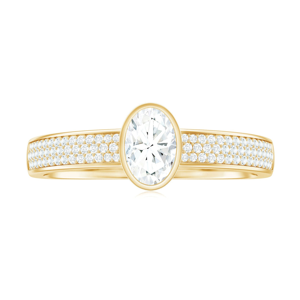 Oval Cut Moissanite Side Stone Engagement Ring in Bezel Setting