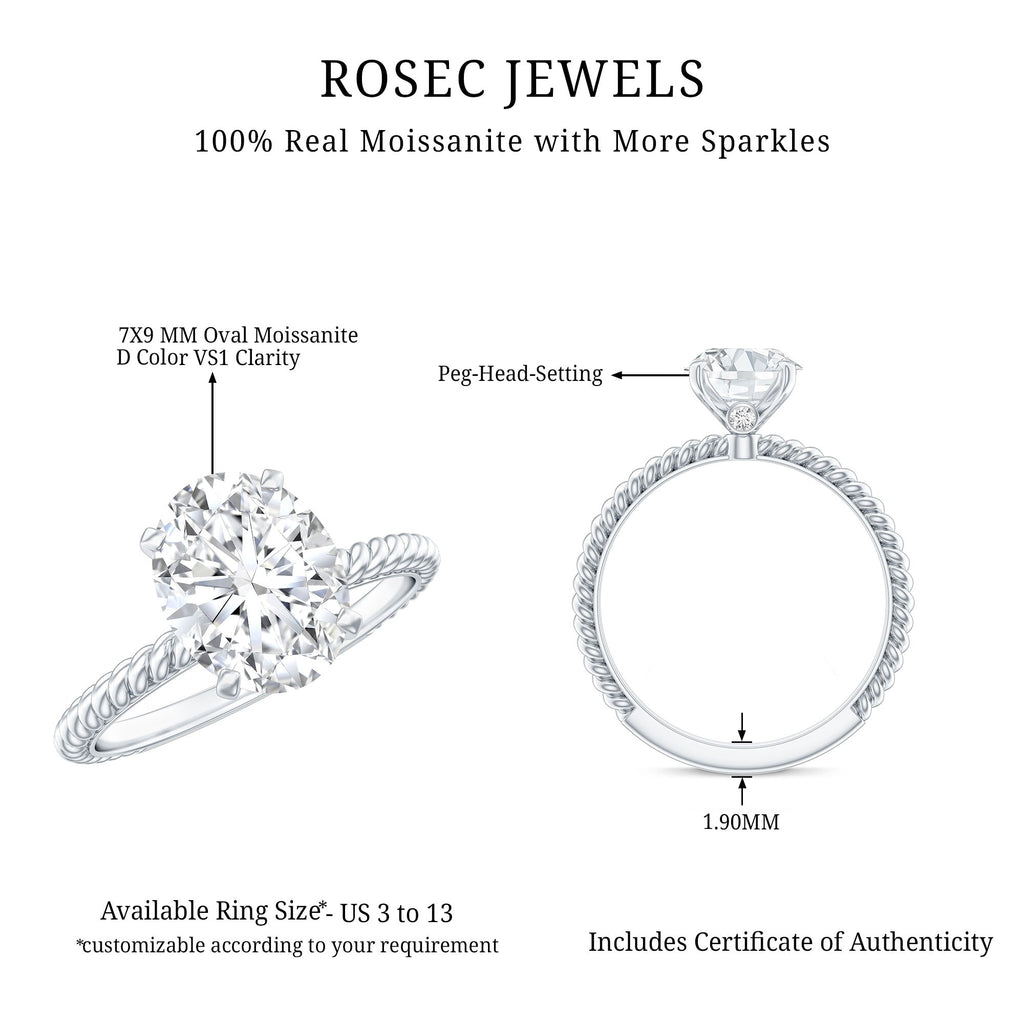 Oval Shape Moissanite Solitaire Engagement Ring with Twisted Rope