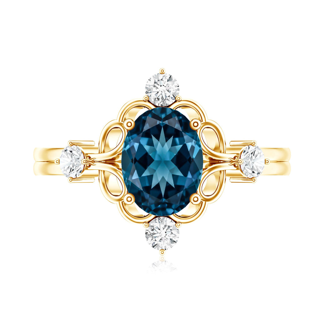 Art Deco Inspired Blue Topaz Oval Engagement Ring with Diamond
