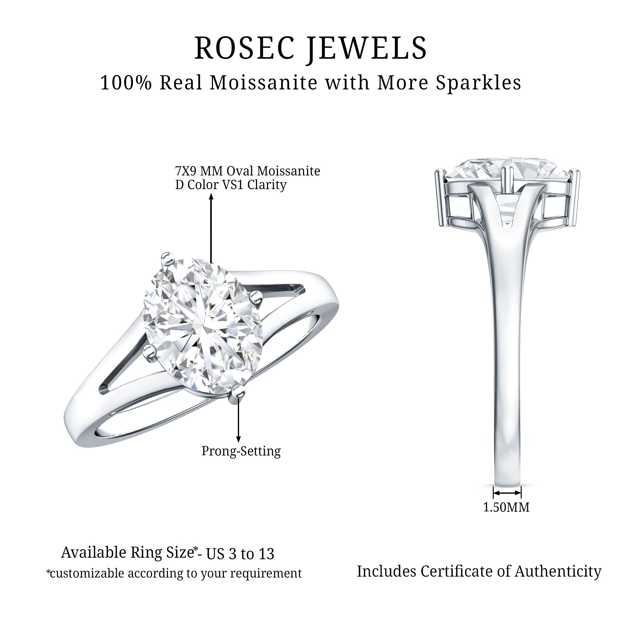 Oval Cut Moissanite Solitaire Engagement Ring in Split Shank