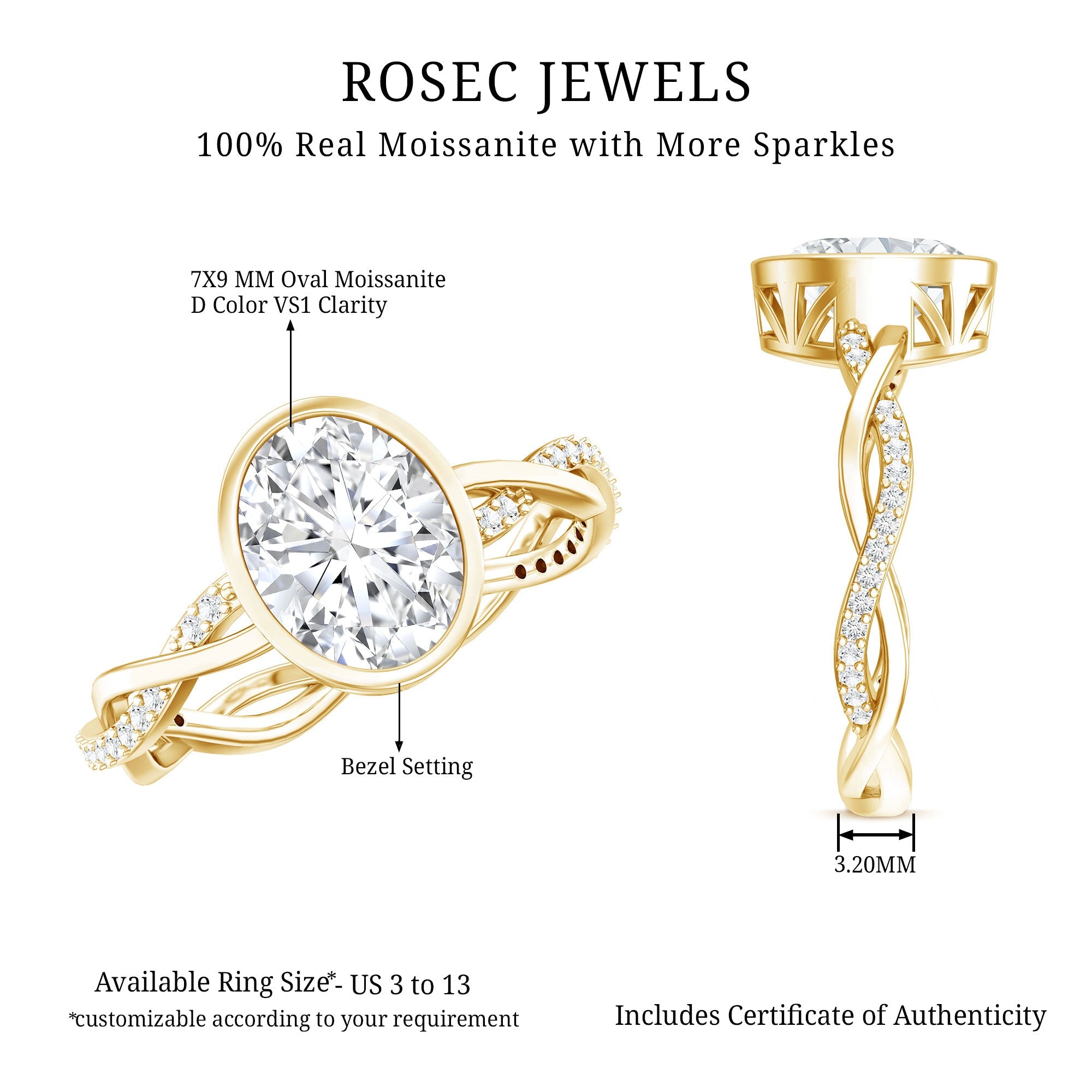 Brilliant Cut Moissanite Bezel Set Engagement Ring in Braided Shank