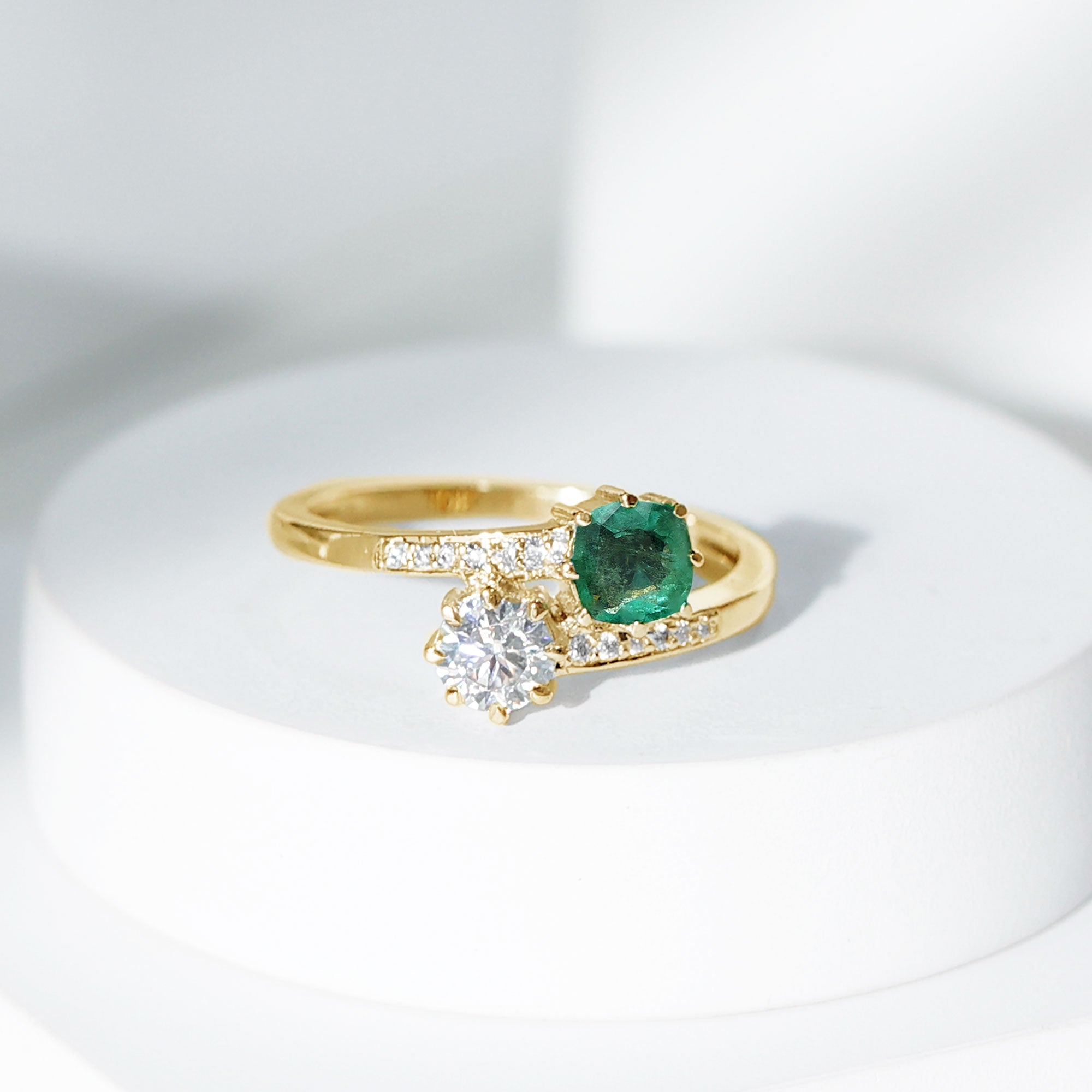 Emerald and Moissanite Two Stone Engagement Ring in Bypass Shank