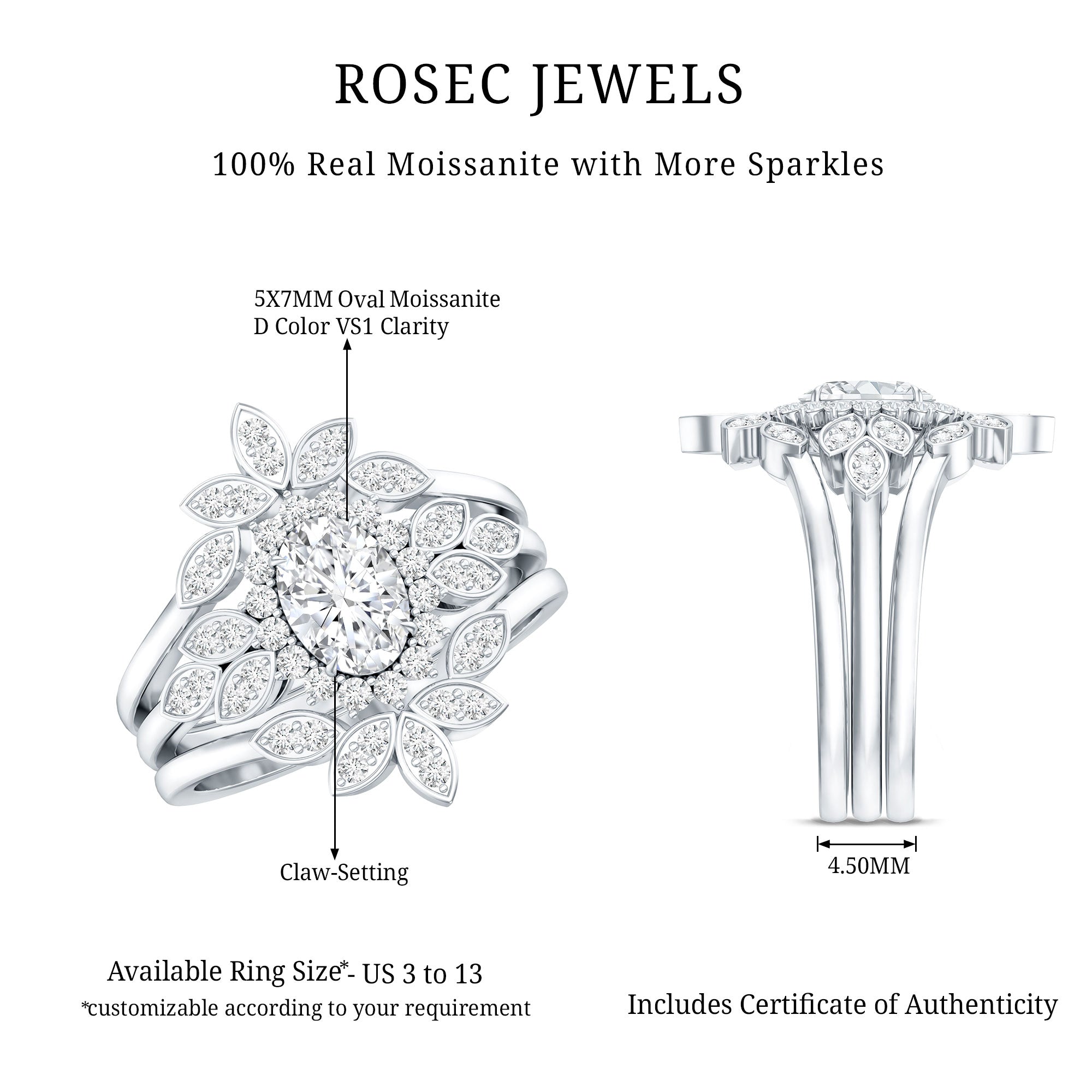 Vintage Inspired Moissanite Wedding Ring Set of 3