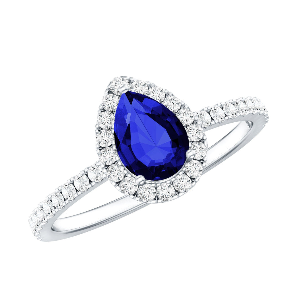 Certified 1.6 Carat Lab Grown Blue Sapphire Teardrop Engagement Ring with Diamond Halo