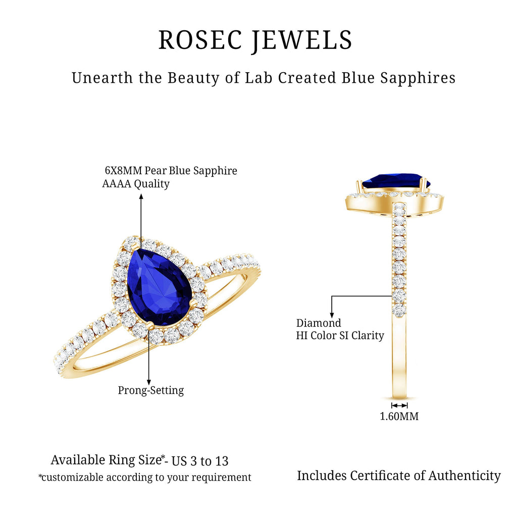 Certified 1.6 Carat Lab Grown Blue Sapphire Teardrop Engagement Ring with Diamond Halo