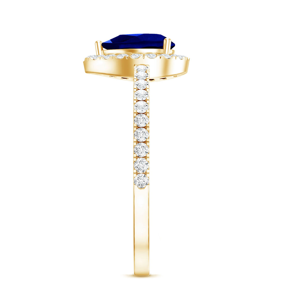 Certified 1.6 Carat Lab Grown Blue Sapphire Teardrop Engagement Ring with Diamond Halo