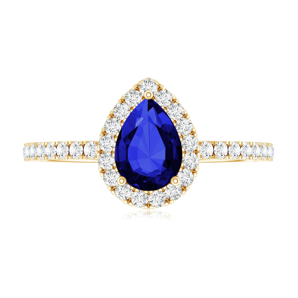 Certified 1.6 Carat Lab Grown Blue Sapphire Teardrop Engagement Ring with Diamond Halo