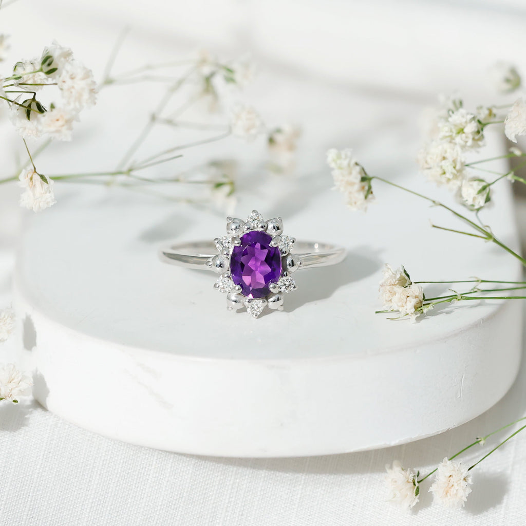 Oval Amethyst Floral Halo Engagement Ring with Diamond