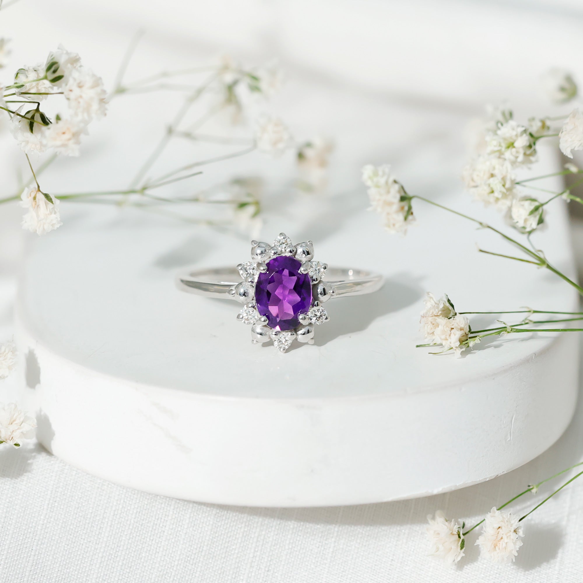 Oval Amethyst Floral Halo Engagement Ring with Diamond