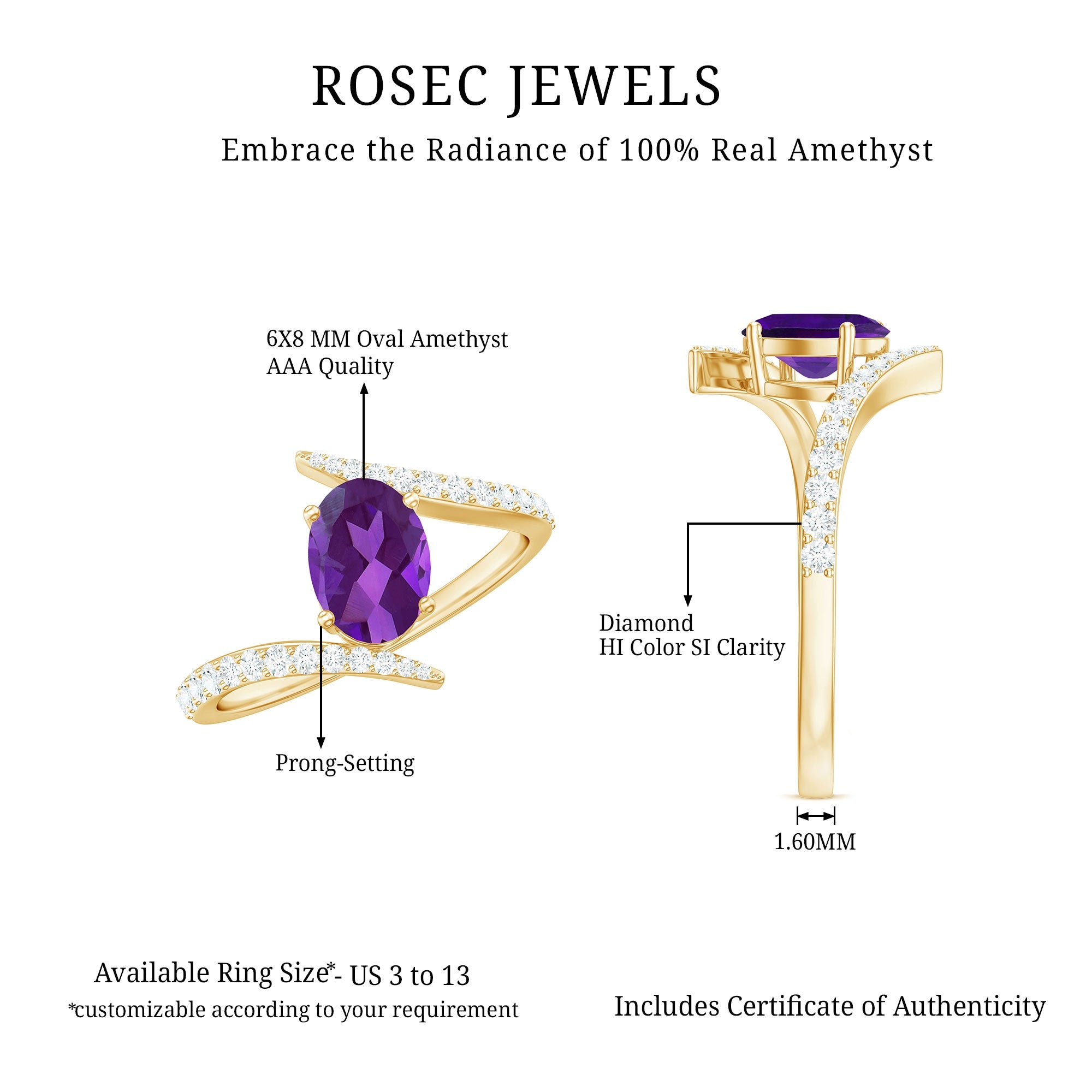 Solitaire Amethyst Bypass Engagement Ring with Diamond