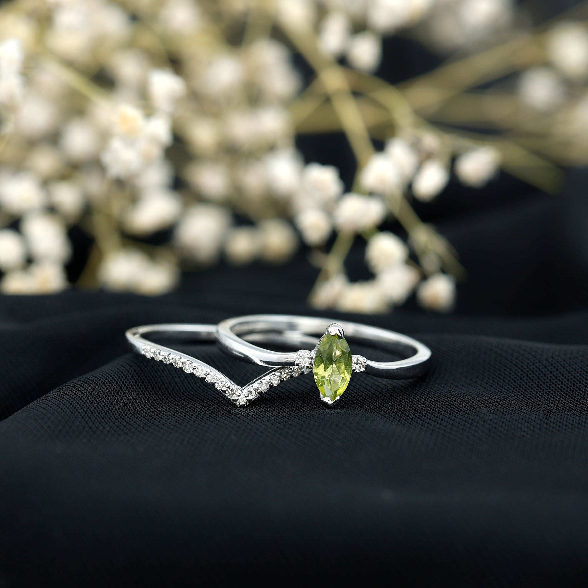 Marquise Cut Peridot Solitaire Wedding Ring Set with Diamond