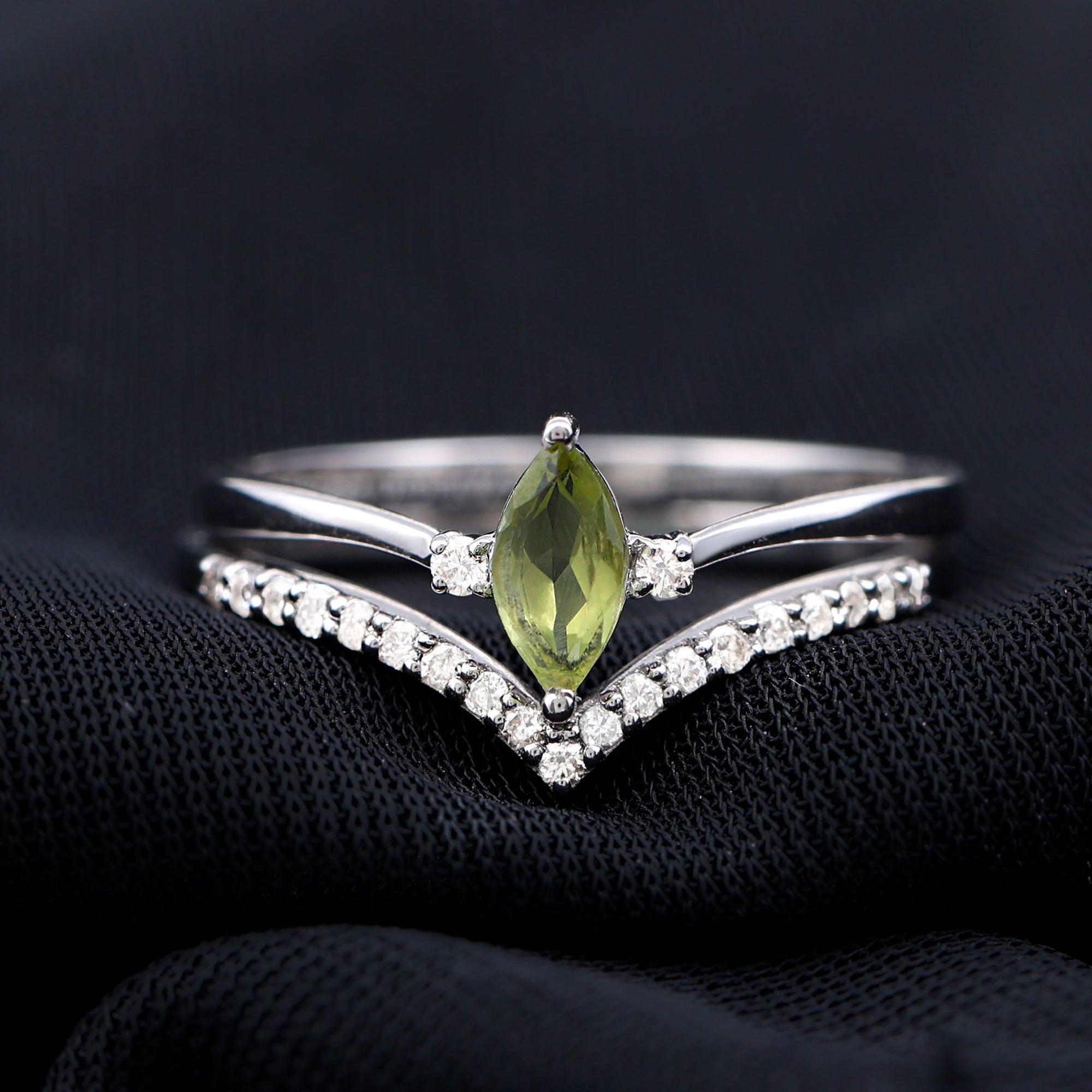 Marquise Cut Peridot Solitaire Wedding Ring Set with Diamond
