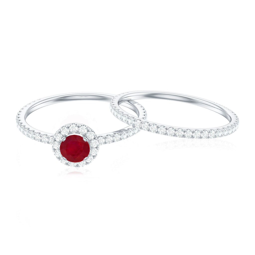 Natural Ruby Wedding Engagement Ring Set with Diamond