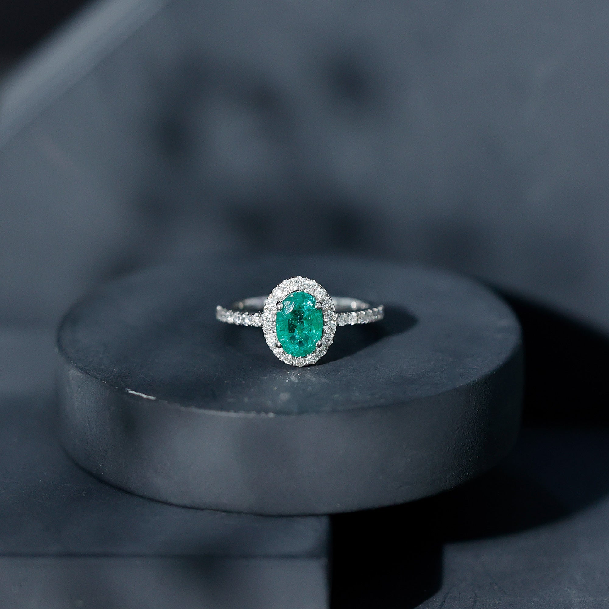 Real 0.7 Carat Oval Emerald Engagement Ring with Diamond Halo