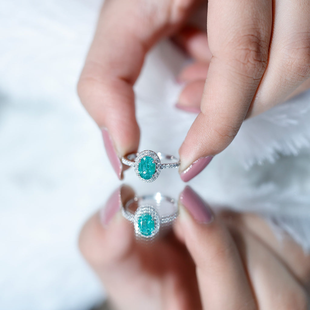 Real 0.7 Carat Oval Emerald Engagement Ring with Diamond Halo