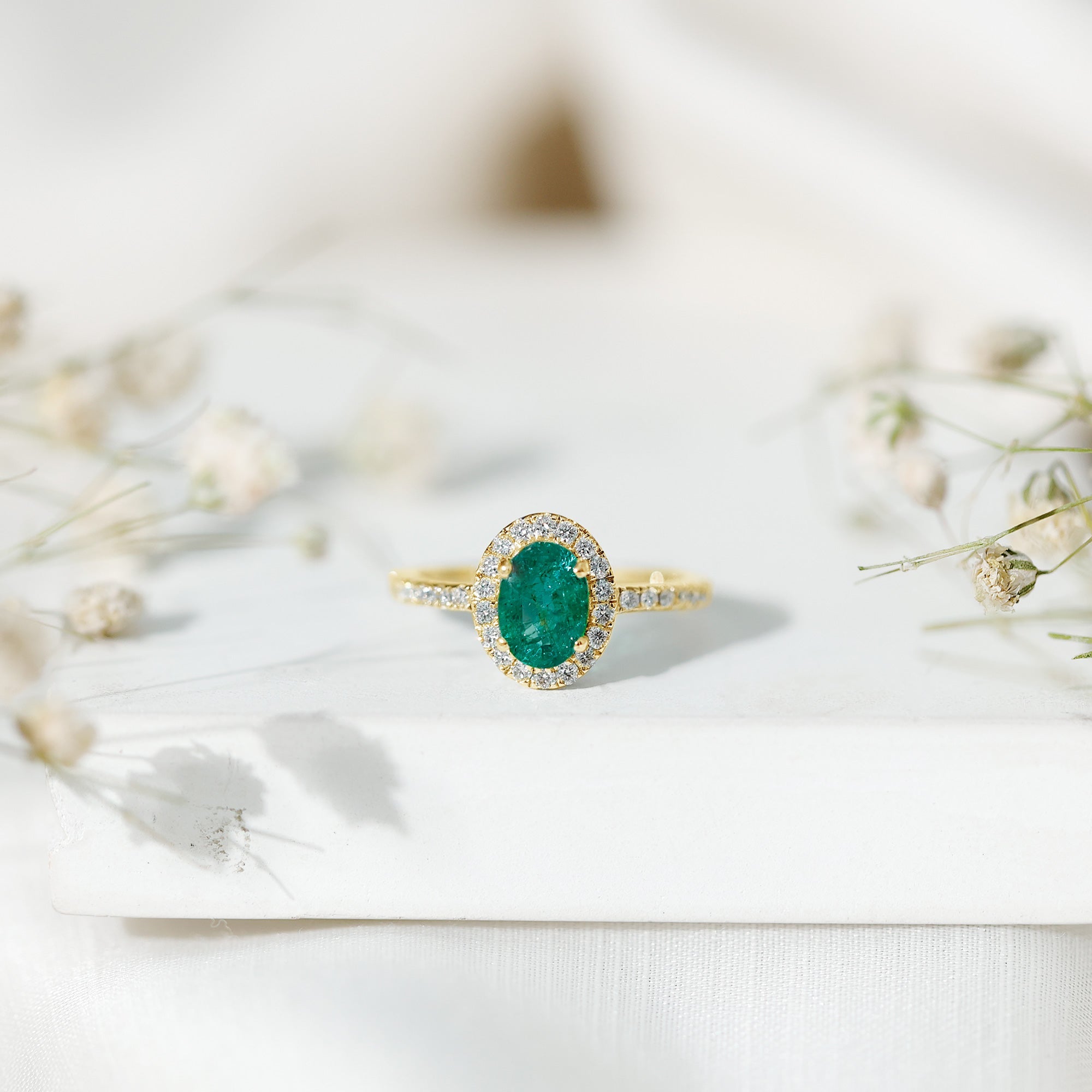 Real 0.7 Carat Oval Emerald Engagement Ring with Diamond Halo