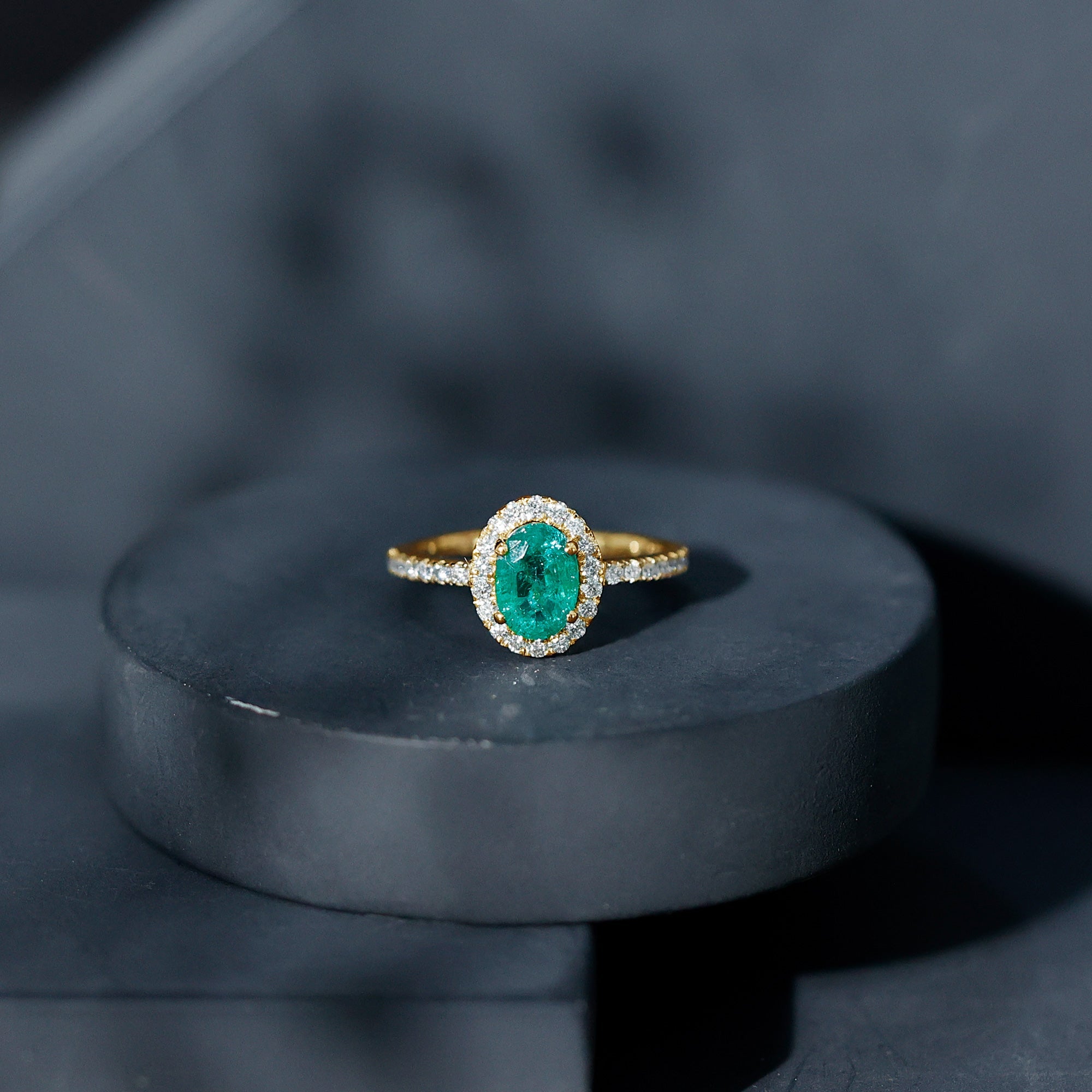 Real 0.7 Carat Oval Emerald Engagement Ring with Diamond Halo