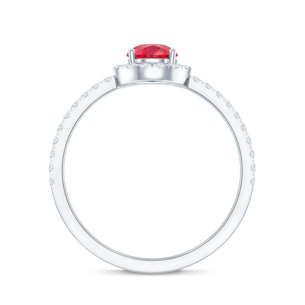 Lab Created Ruby Teardrop Halo Engagement Ring with Diamond