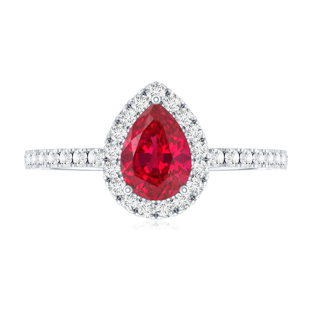 Lab Created Ruby Teardrop Halo Engagement Ring with Diamond